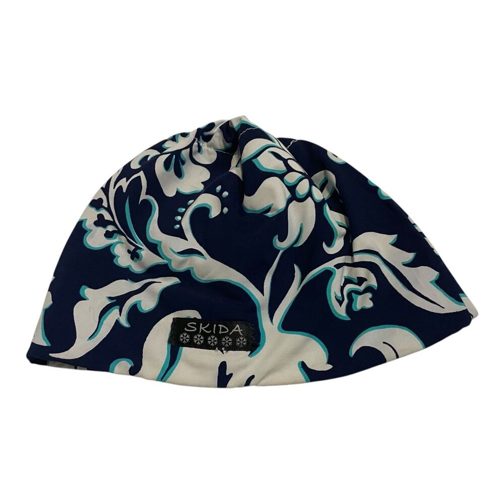 Skida Beanie Womens One Size Navy White Teal Floral Fleece Lined Winter Ski Hat